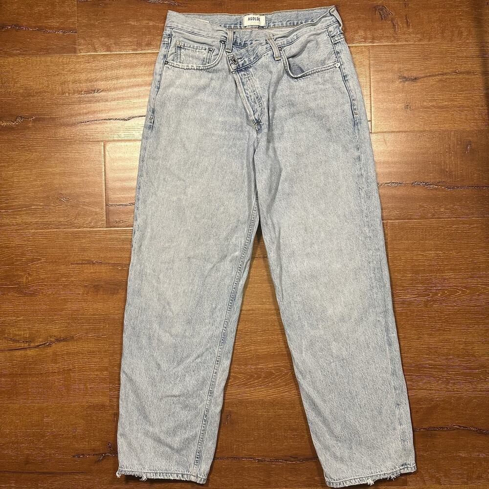 Agolde Criss Cross Jeans Womens 29x30 Blue Light Wash Straight Retro Distressed